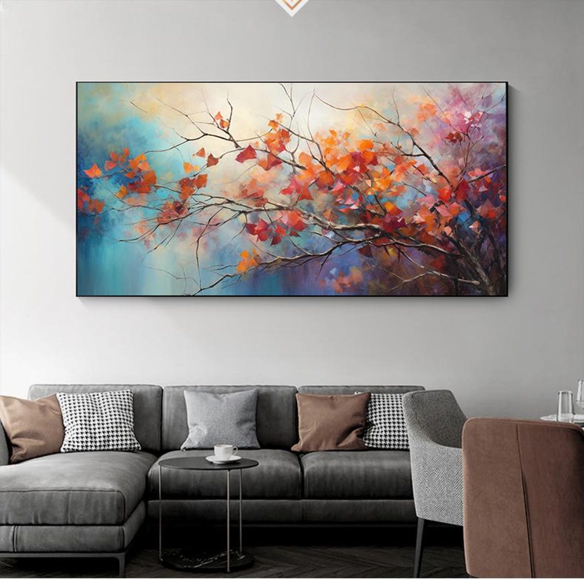Autumn Branch Red Leaves Blue Teal Horizontal Tree Painting Poster - Image 7