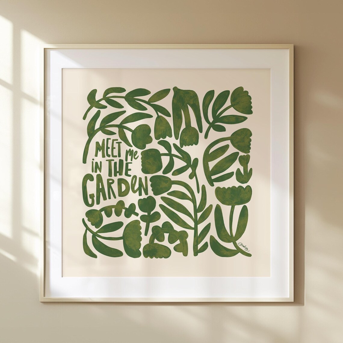 Meet Me In The Garden Botanical Hand Lettered Green Floral Art Poster