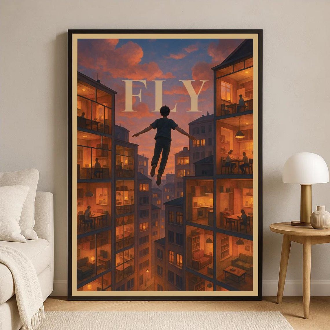 FLY Inspirational Boy Soaring Over City Sunset Motivational Art Poster