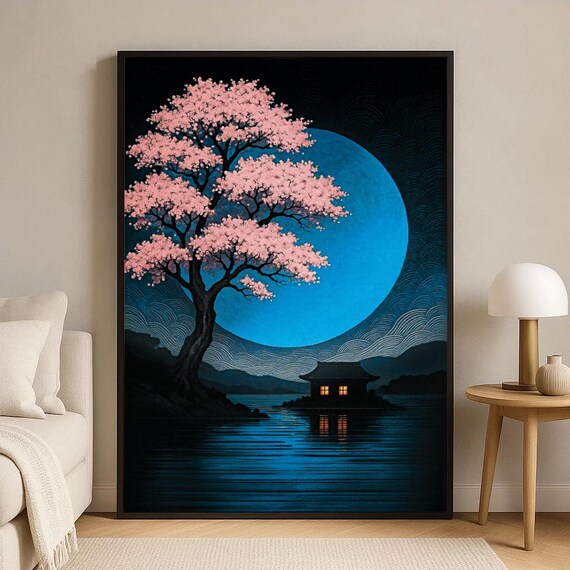 Cherry Blossom Tree Under Blue Moon Japanese Night Landscape Print