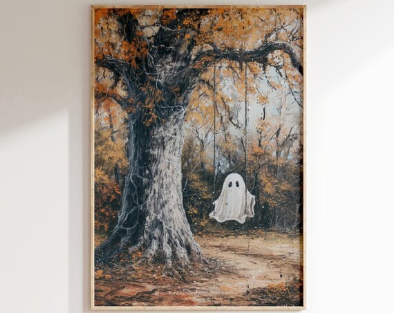 Cute Ghost On Swing Under Autumn Tree Fall Halloween Art Poster