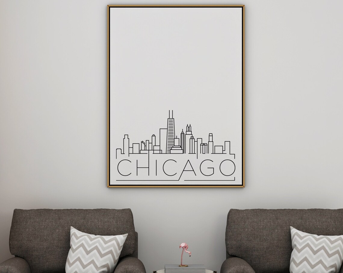 Chicago Illinois Minimalist Black White Line Art Skyline City Poster