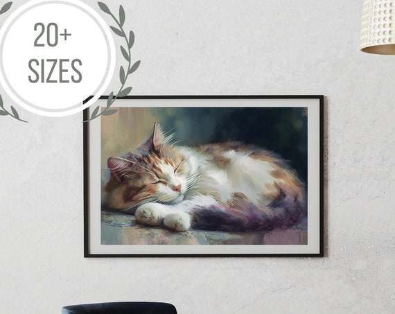 Cat Nap Acrylic Painting Animal Portrait Art Gallery Wall Decor Cute Animal Art Instant Art Vintage Painting