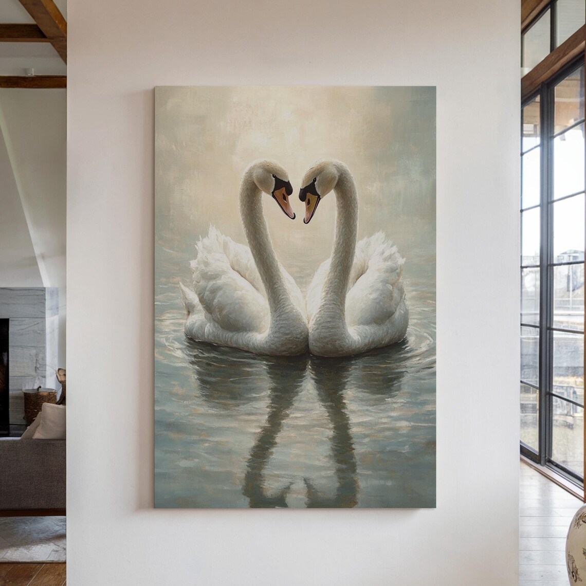 Elegant White Swans Forming Heart Golden Light Romantic Love Print