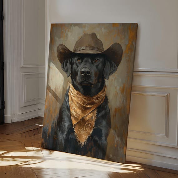 Western Black Lab Cowboy Dog Portrait, Rustic Farmhouse