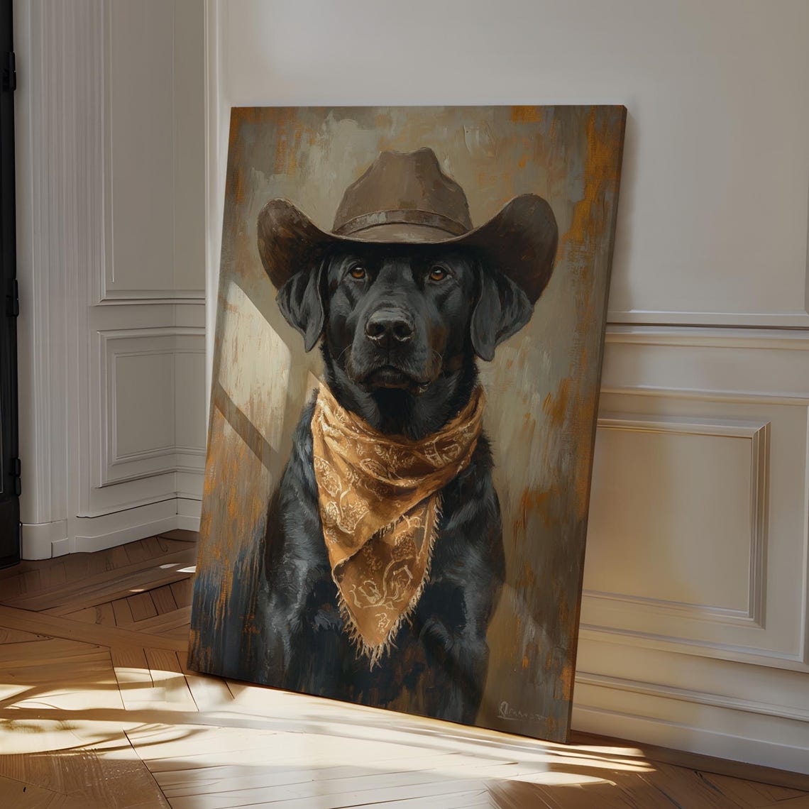 Western Black Lab Cowboy Dog Portrait, Rustic Farmhouse
