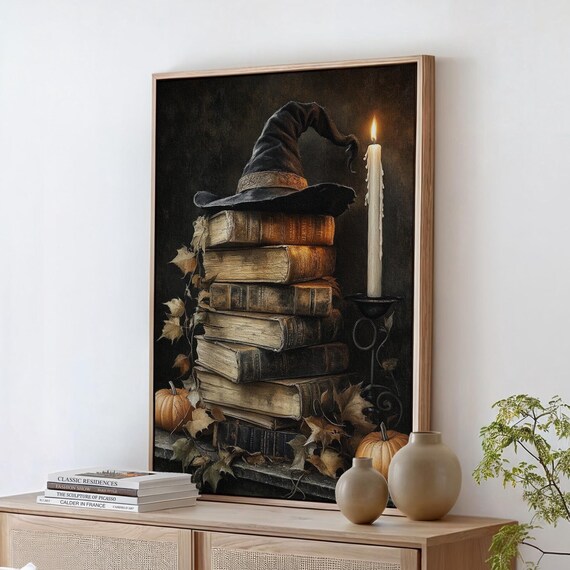 Witch Hat On Vintage Books Candlelit Halloween Gothic Art Print