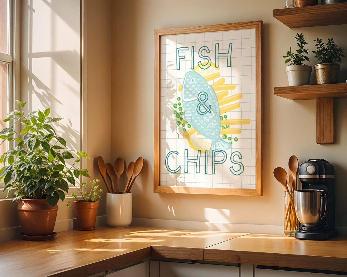 Fish Chips Art Only Kitchen Print Blue Fish Kitchen Food Art Fish And Chips - Image 2