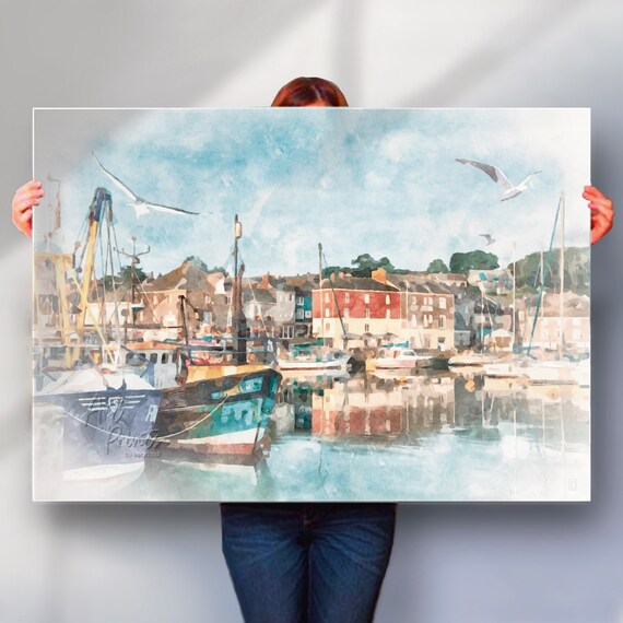 Padstow Cornwall Fishing Harbor Boats Watercolor Nautical Seaside Poster