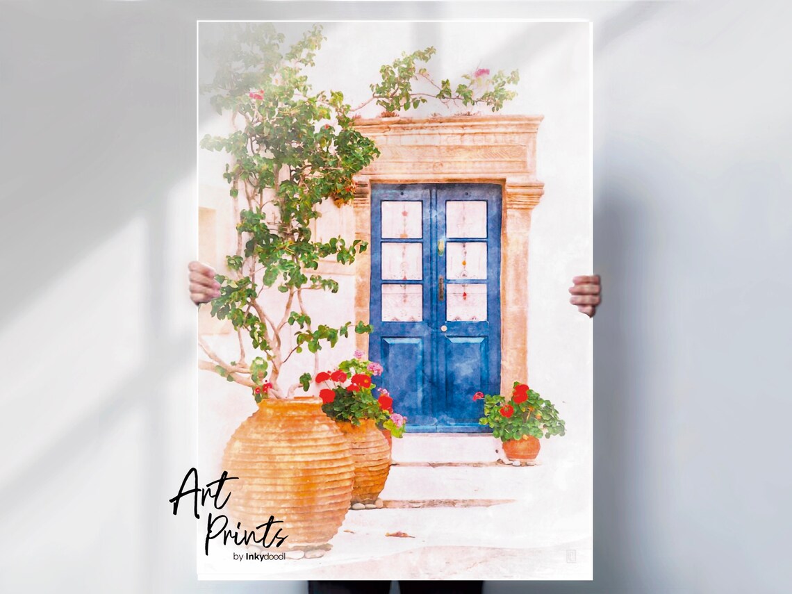 Blue Greek Door Terracotta Amphora Red Geraniums Island View Poster