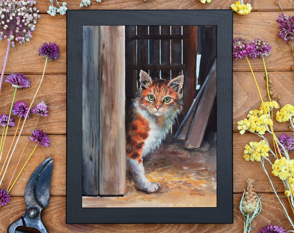Orange Tabby Cat with Green Eyes in a Rustic Barn Doorway Poster