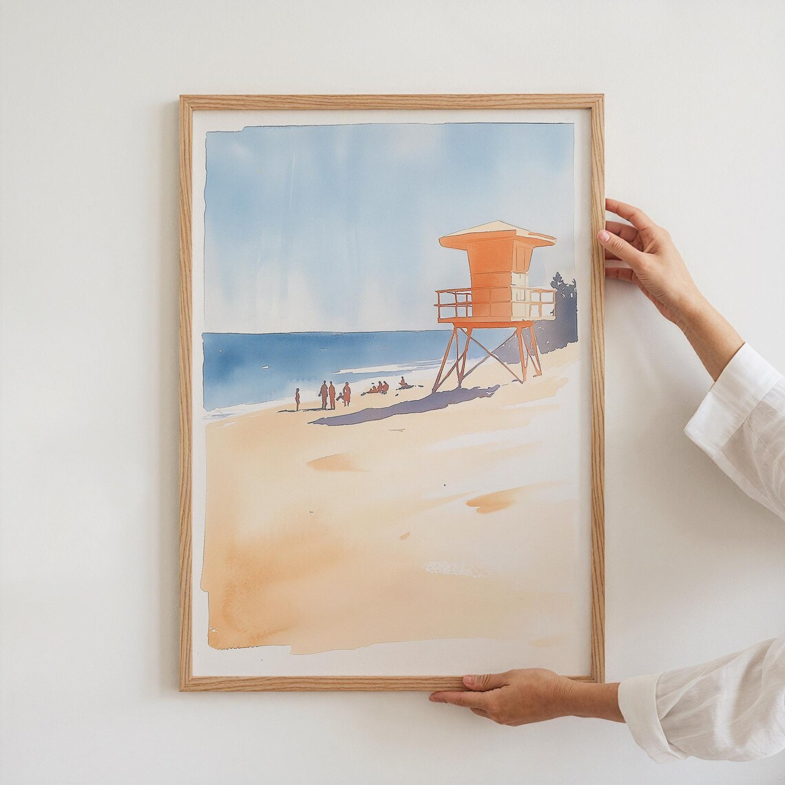 Orange Lifeguard Tower Watercolor Coastal Beach Summer Surf Wall Poster