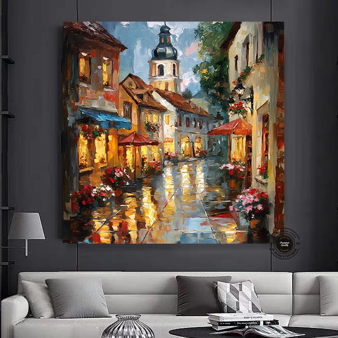 Rainy Old Town Night Wet Church Tower Glowing Street Art Poster