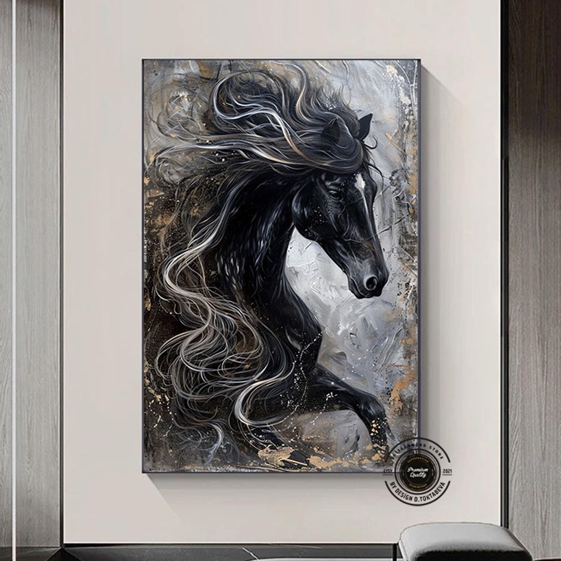 Wild Black Stallion Flowing Silver Mane Majestic Horse Art Poster