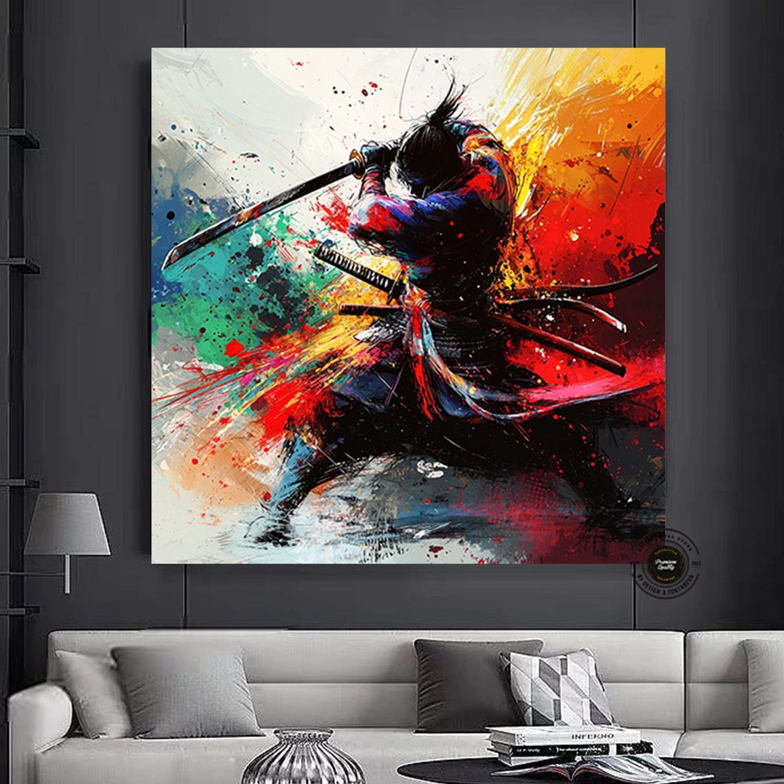 Samurai Warrior Katana Colorful Paint Splash Dynamic Action Poster