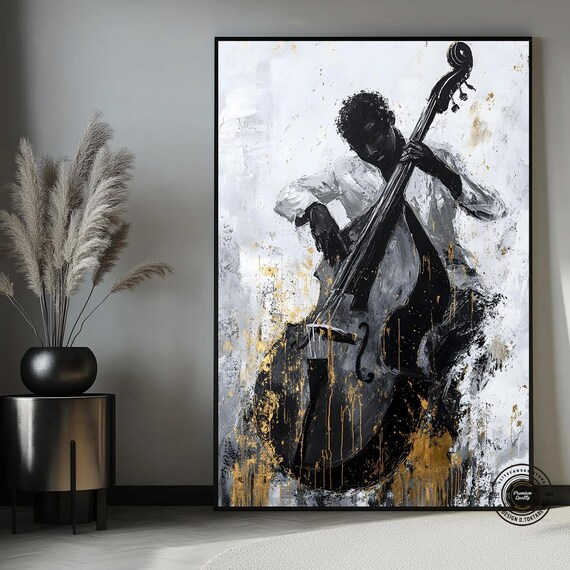 Jazz Double Bass Player in Black White and Gold Abstract Poster