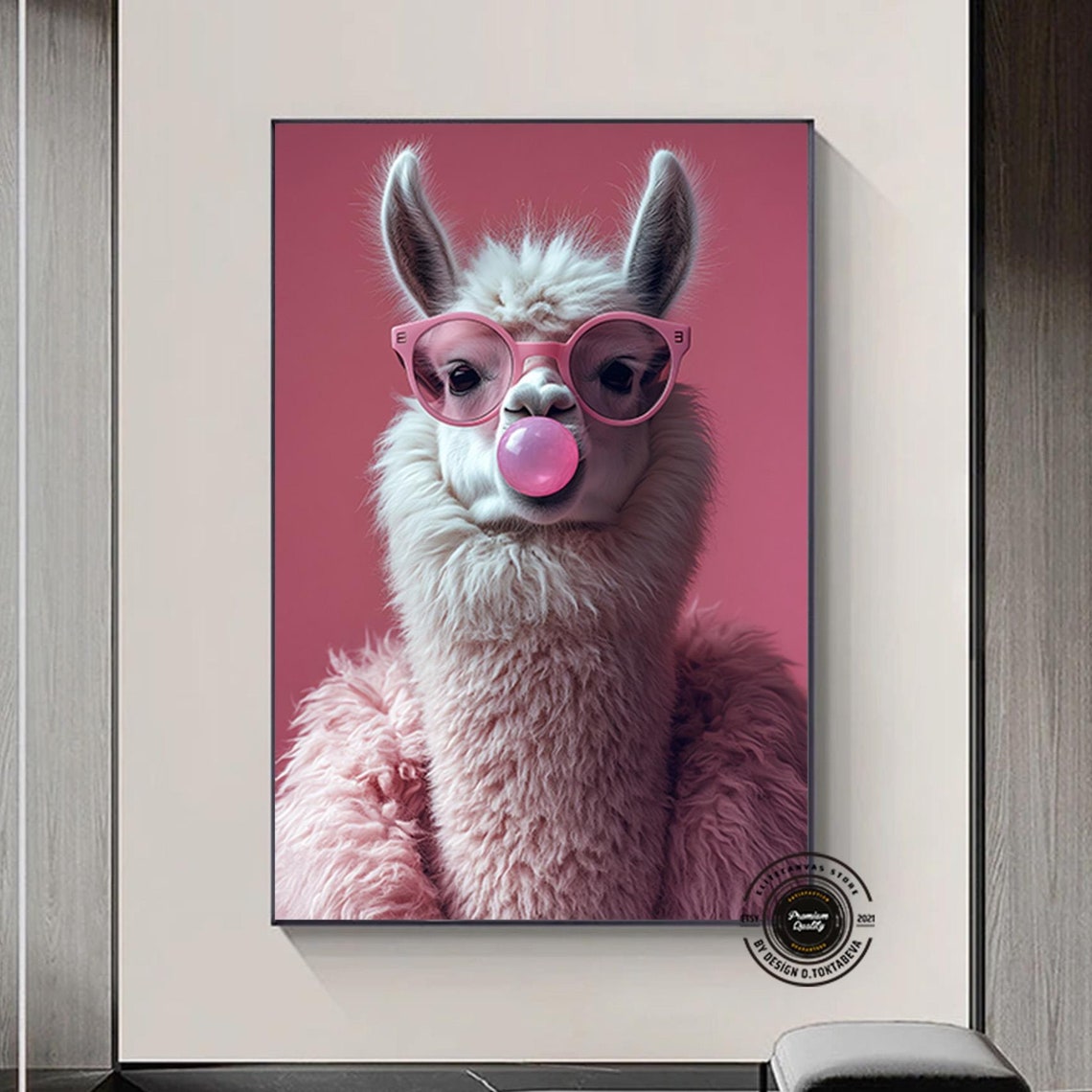 Llama Pink Sunglasses Blowing Bubblegum Bubble Fun Pop Art Poster
