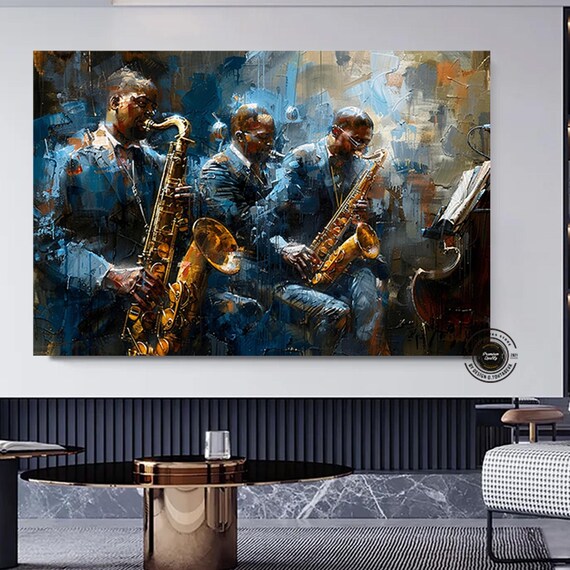 Blue Jazz Saxophone Trio Abstract Golden Night Music Art Poster