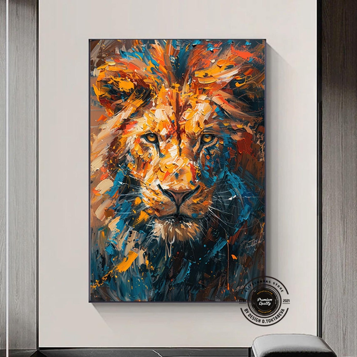 Lion Face Impasto Bold Orange Blue Expressive Wildlife Poster
