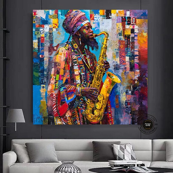 African Jazz Saxophonist Colorful Beaded Musician Art Poster
