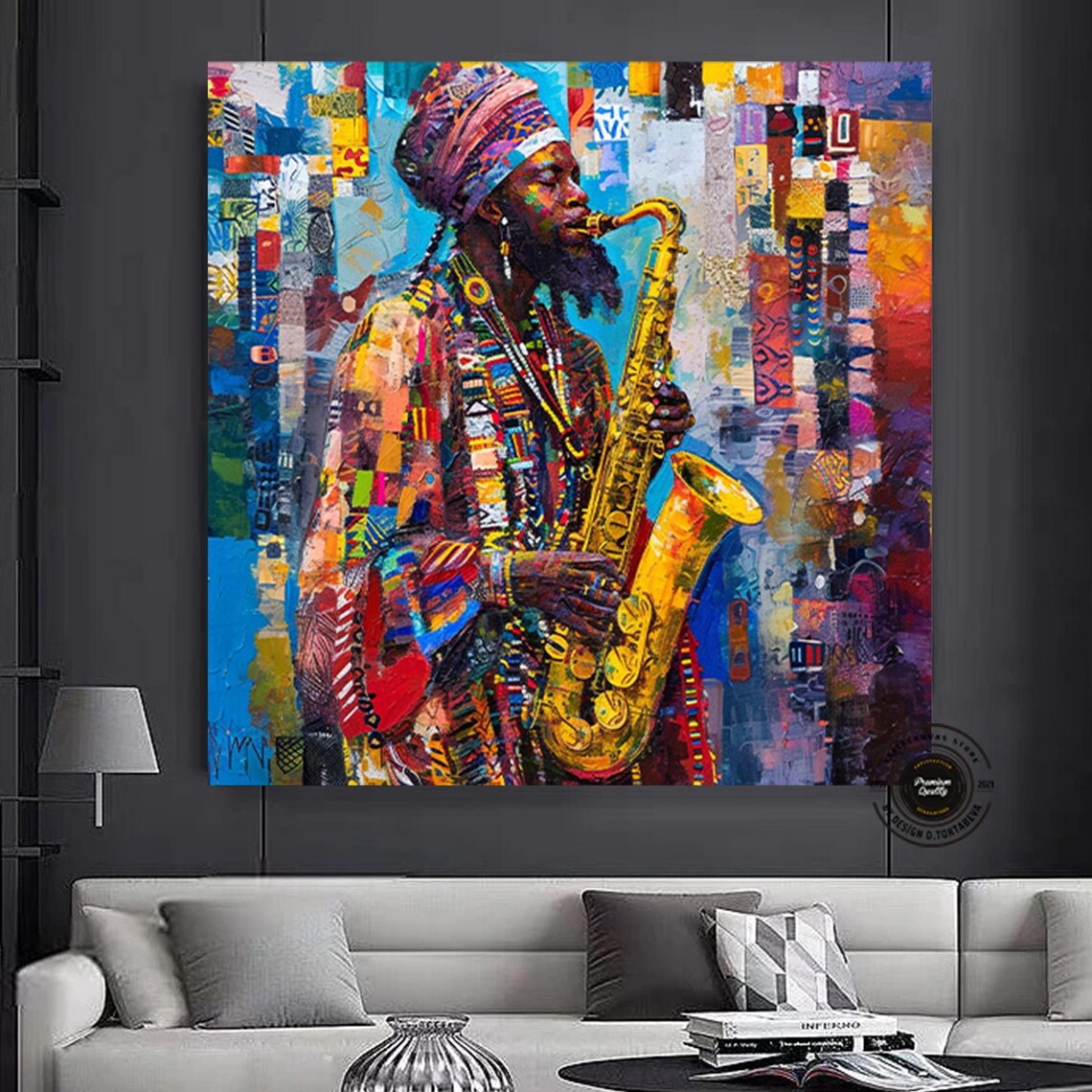 African Jazz Saxophonist Colorful Beaded Musician Art Poster
