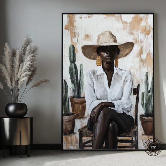 Minimal African Woman Portrait Modern Cactus Art Print Black Wall Decor Boho Afro Canvas