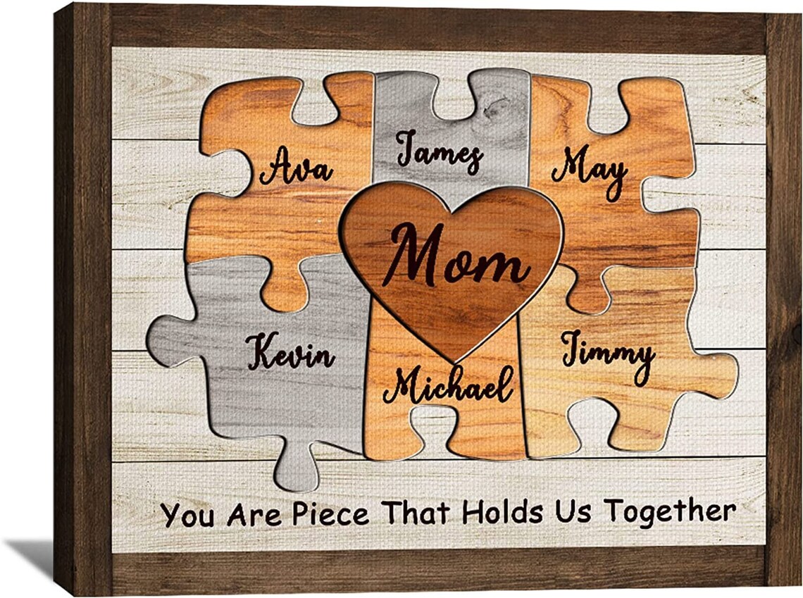 Mom Heart Wooden Puzzle Piece Family Names Canvas Gift Poster