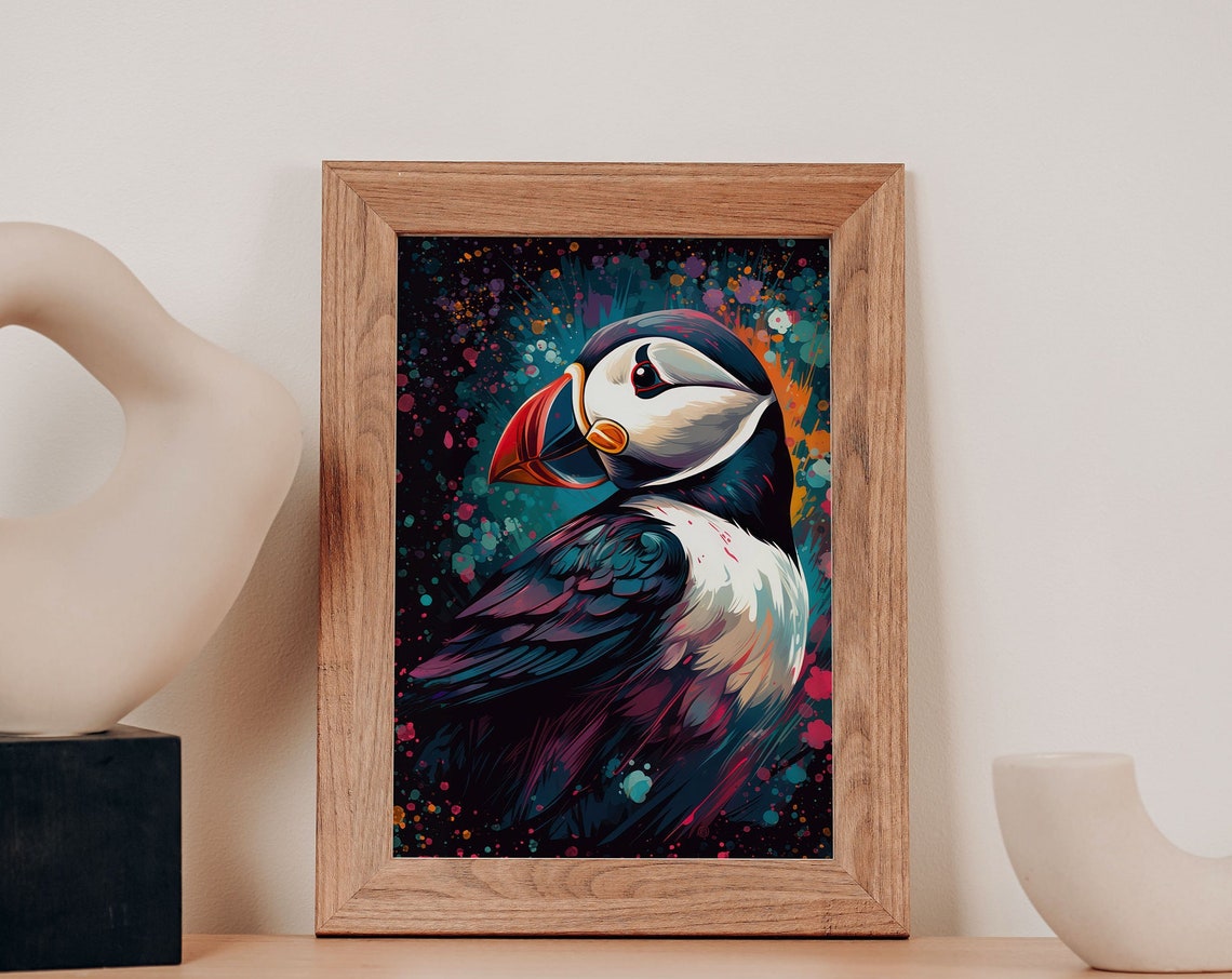 Atlantic Puffin Portrait Poster Colorful Paint Splash Seabird Art