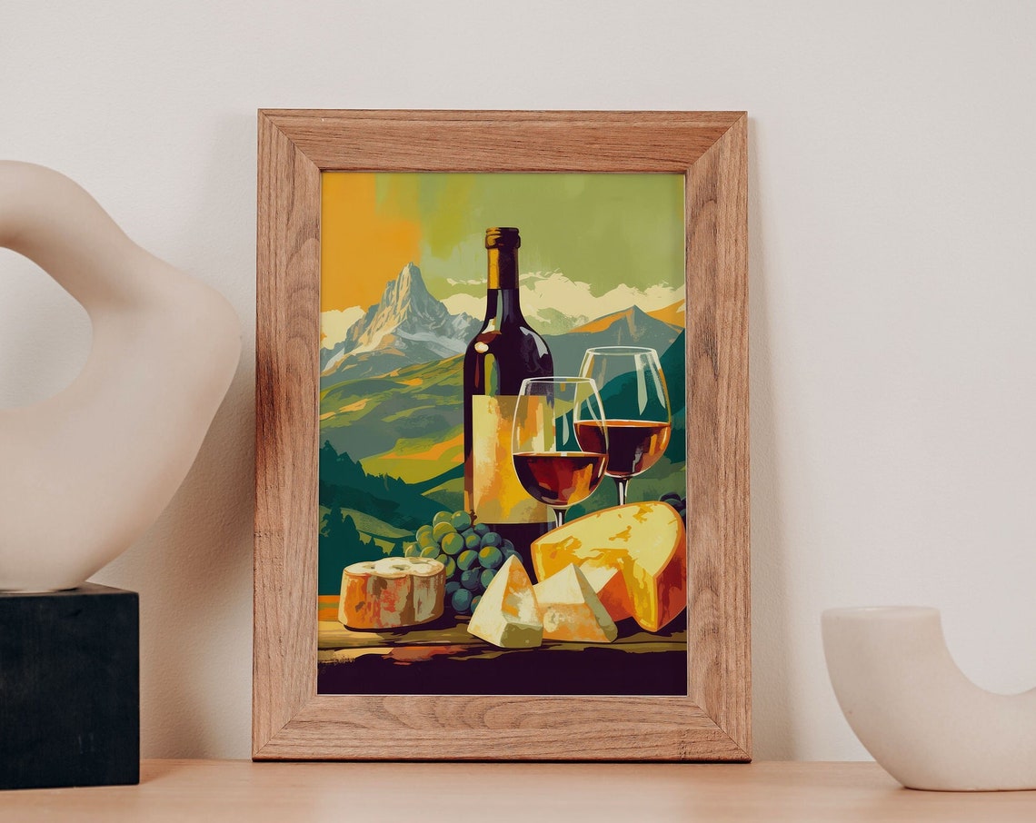Wine Bottle Glasses Cheese with Mountain Landscape Retro Travel Poster - Image 3