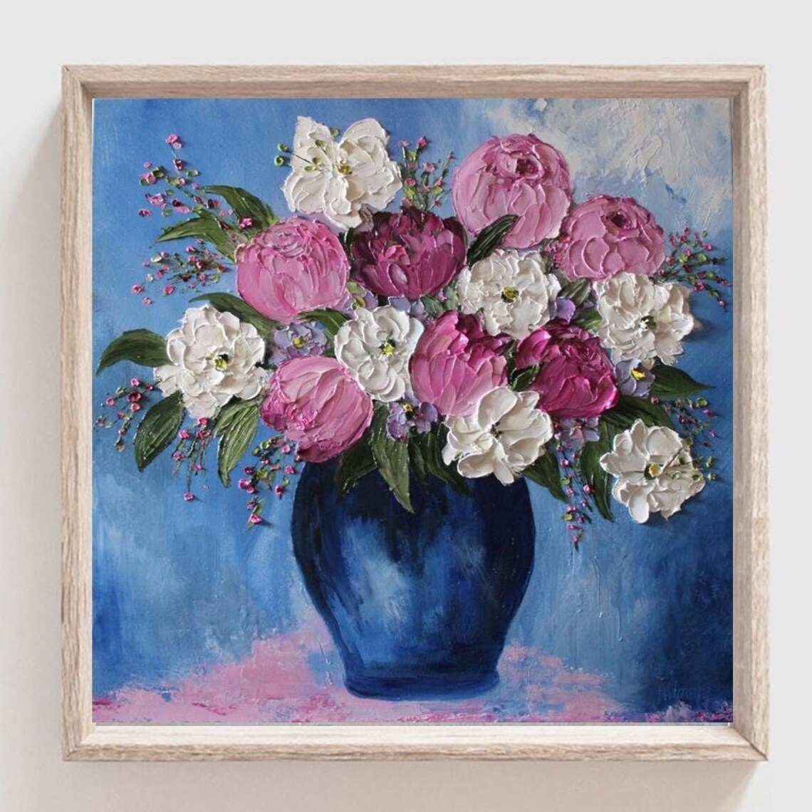 Pink and White Peonies in Cobalt Blue Vase Impasto Art Poster