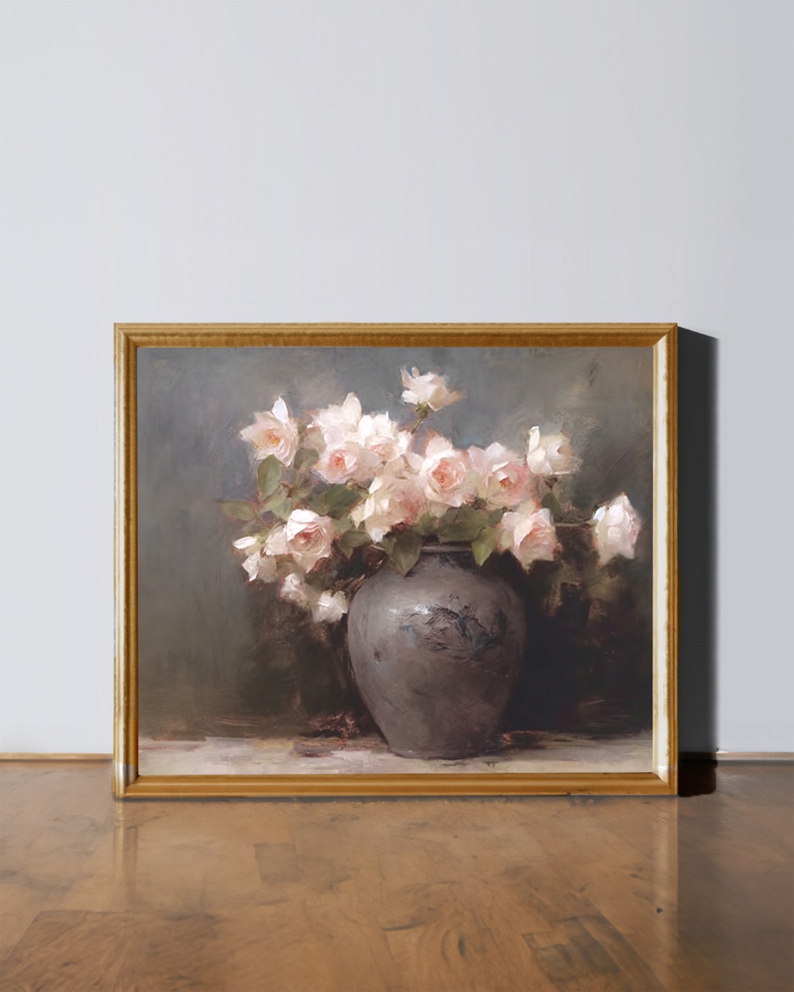 Pale Roses in Dark Vase Moody Floral Still Life Art Wall Poster - Image 3