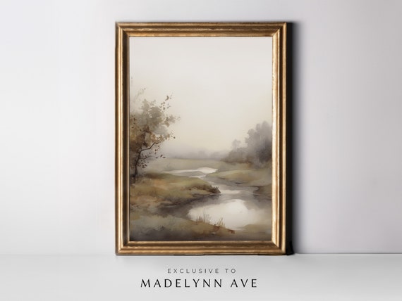 Neutral Fall Landscape Watercolor, Autumn River Art Print