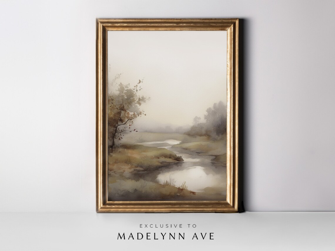 Neutral Fall Landscape Watercolor, Autumn River Art Print