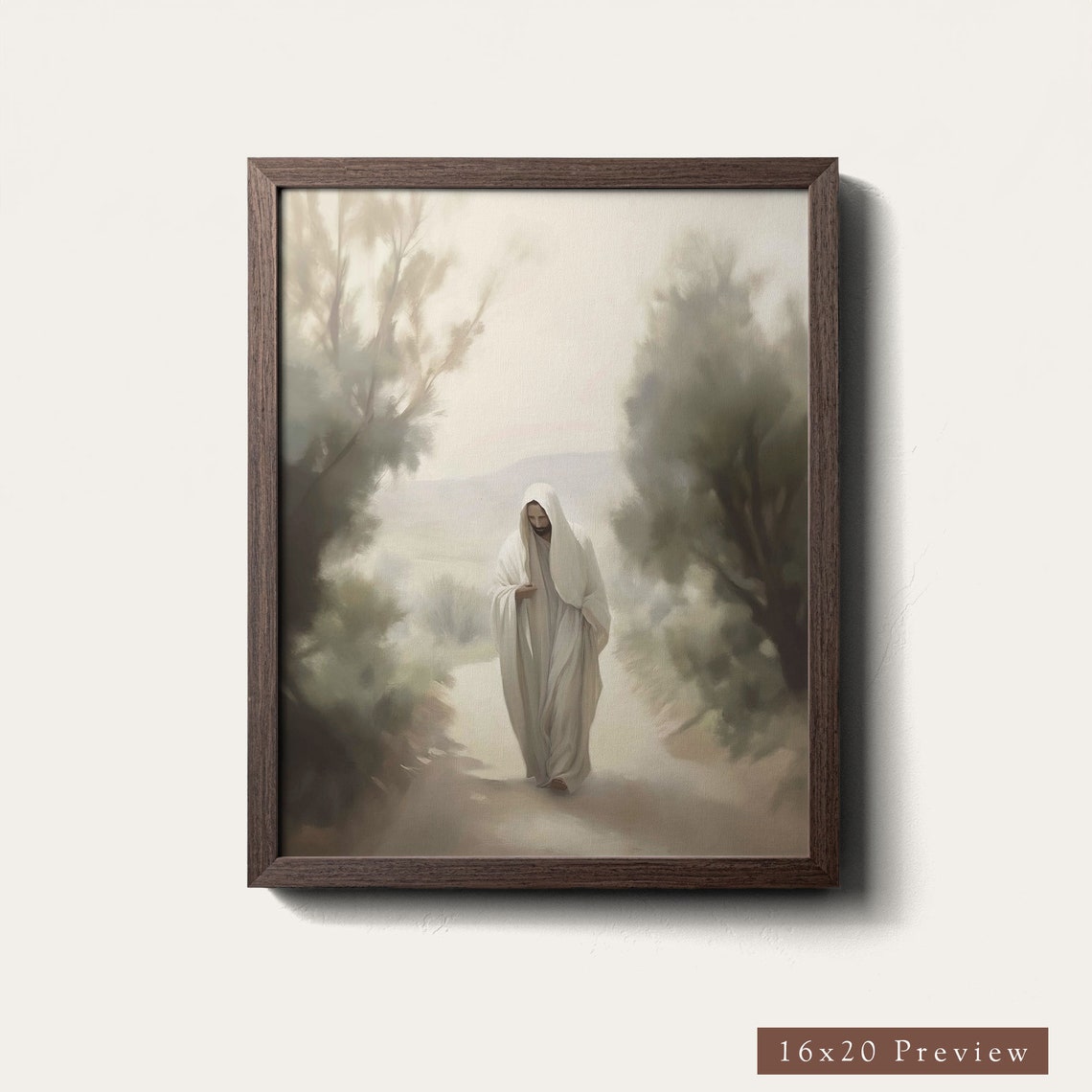 Jesus Walking Misty Forest Path Soft Neutral Faith Wall Poster - Image 4