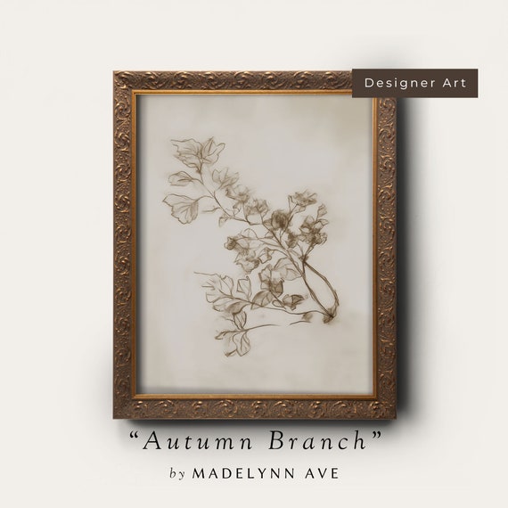 Antique Fall Branch Drawing, Vintage Autumn Sketch Art Print