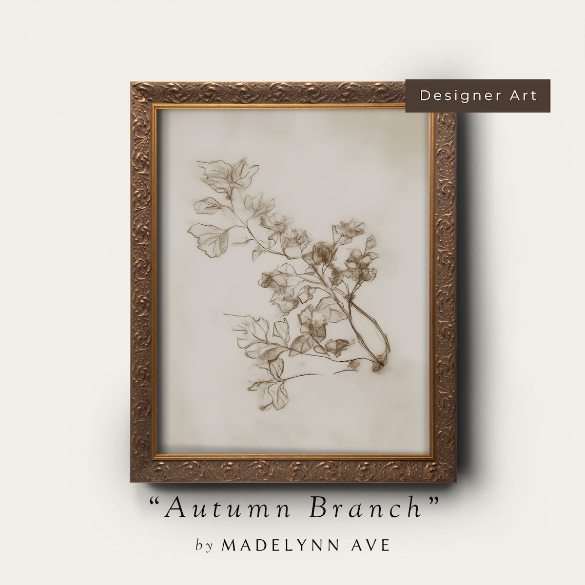 Antique Fall Branch Drawing, Vintage Autumn Sketch Art Print