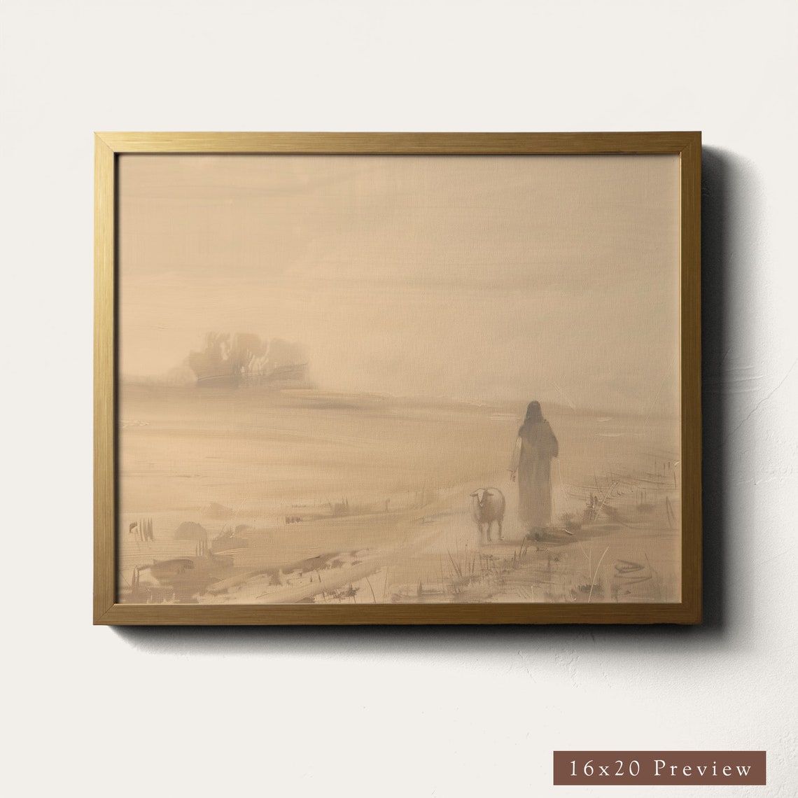 Jesus With Lost Sheep Warm Beige Field Faith Fine Art Poster - Image 5