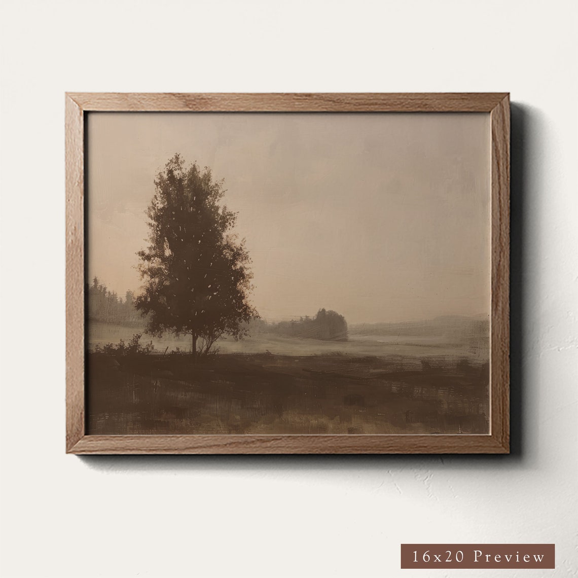 Lone Tree Misty Field Soft Sepia Landscape Vintage Art Poster - Image 3