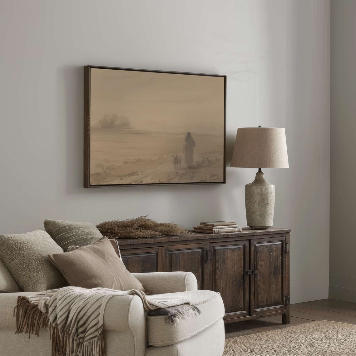 Jesus And Sheep Sepia Misty Field Christian Faith Wall Poster - Image 3