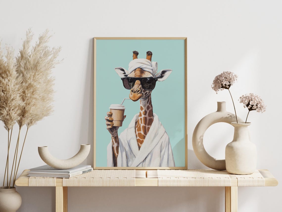 Funny Giraffe in Bathrobe Poster Holding Coffee Cool Sunglasses Art