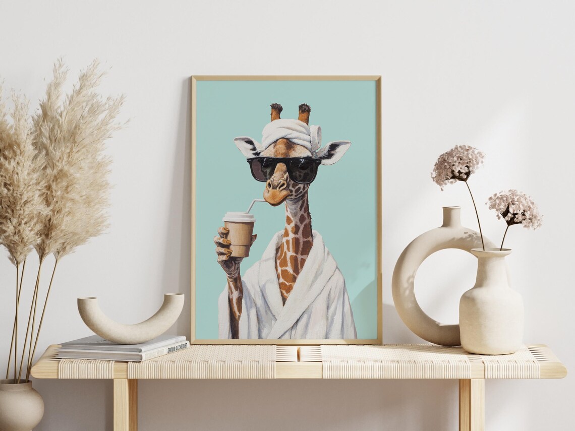 Giraffe With Bathrobe Poster Humorous Art Funny Wall Decoration Coffee Kitchen Gift Ideas Wellness Bathroom Love