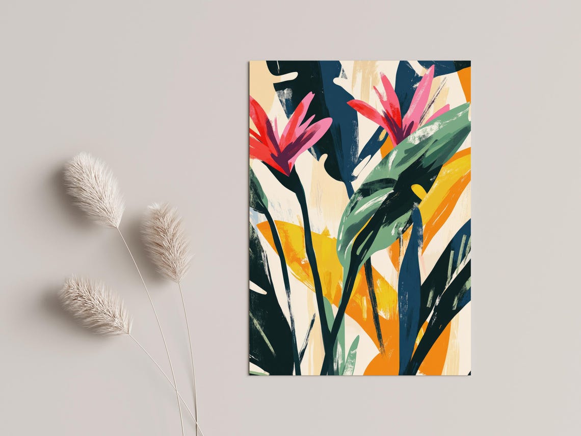 Abstract Bird of Paradise Flowers Modern Tropical Leaf Wall Art