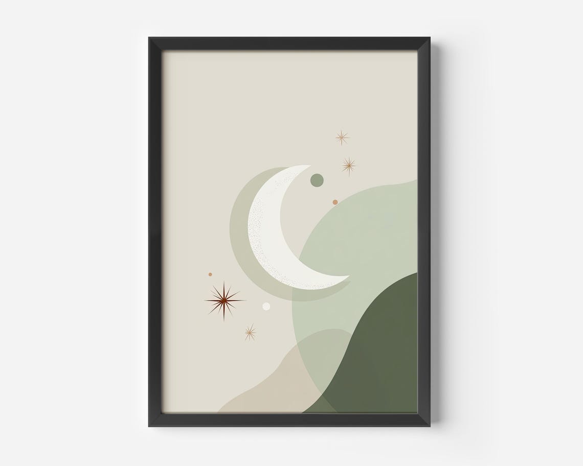 Crescent Moon Stars Sage Green Celestial Minimalist Boho Wall Poster