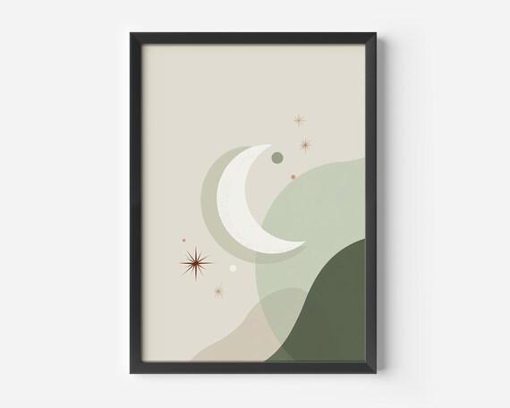 Crescent Moon Stars Sage Green Celestial Minimalist Boho Wall Poster