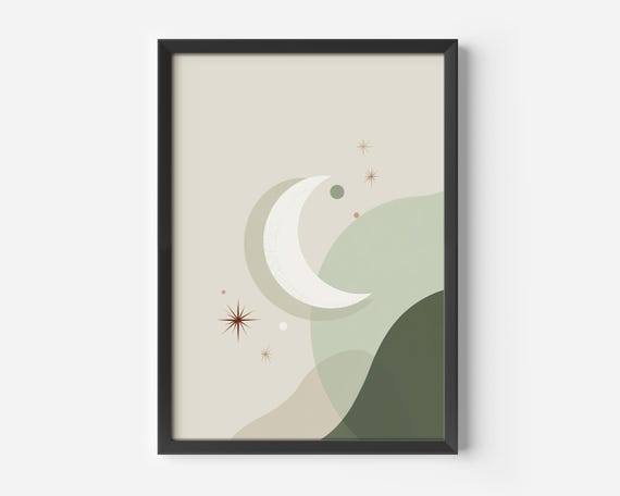 Minimalist Bedroom Wall Decor Calming Moon Motif Natural Tones Beige Green Tranquility Scandinavianinspired Art Prints