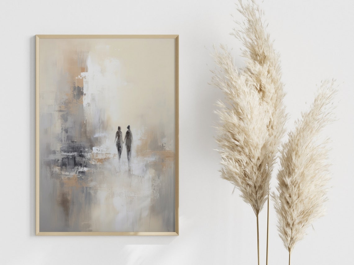 Abstract Couple Silhouettes Walking Beige Minimalist Romance Wall Art