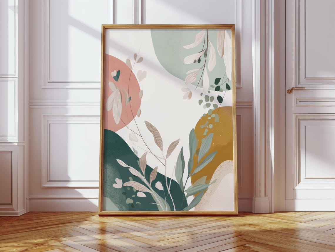Scandi Abstract Botanical Wall Art Sage Blush Mustard Leaves Decor