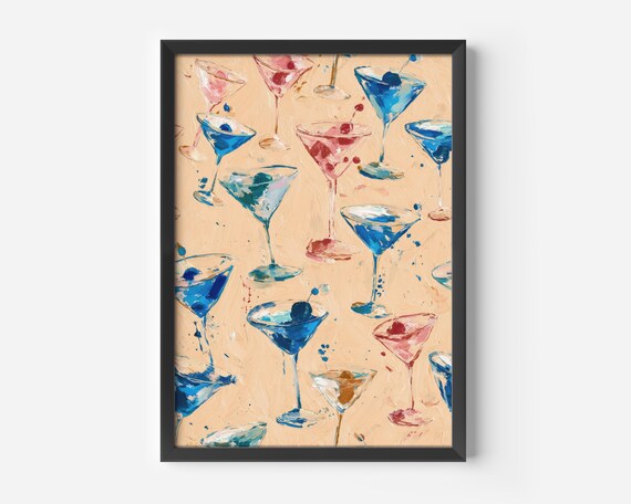 Martini Cocktail Glasses Blue Pink Watercolor Kitchen Wall Poster