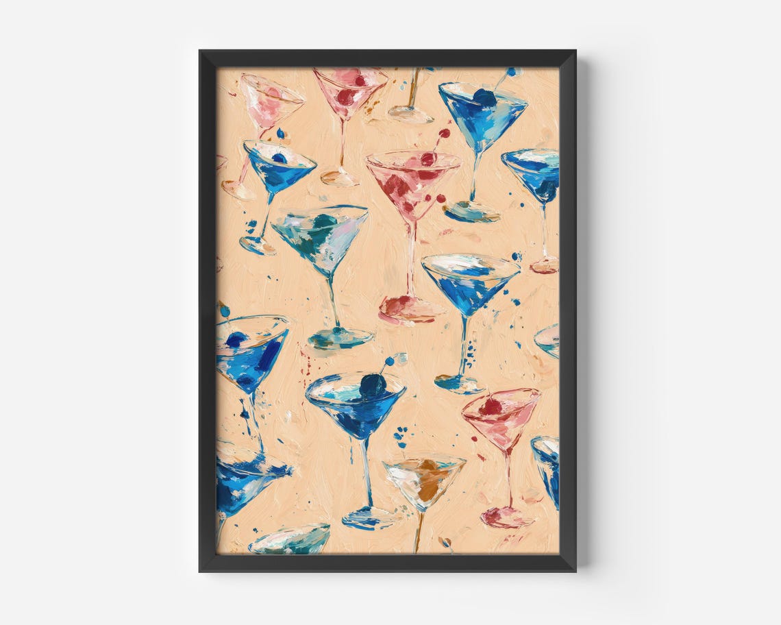 Martini Cocktail Glasses Blue Pink Watercolor Kitchen Wall Poster