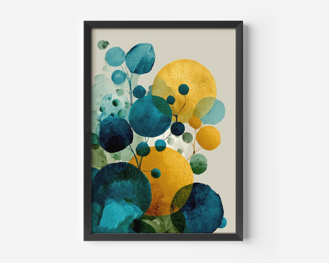 Abstract Modern Botanical Poster, Nordic Blue Yellow